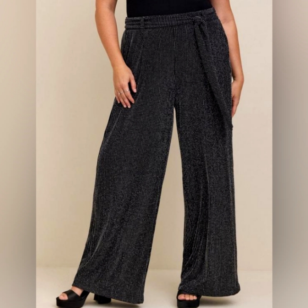 Flat Front Glitter Stripe Wide Leg Belted Pants⛓️ - Picture 2 of 9